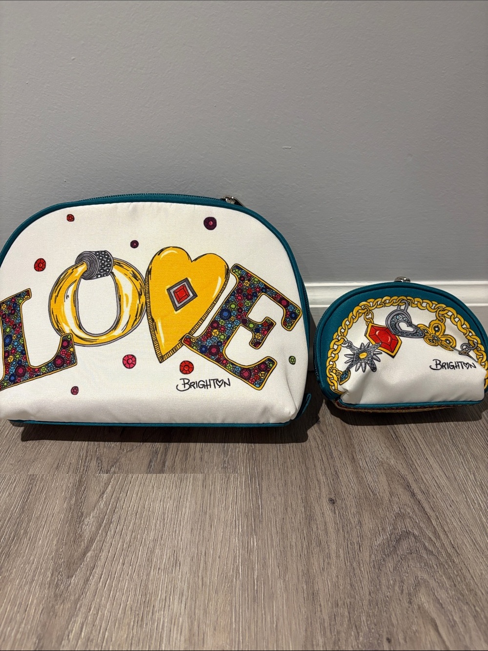 Brighton White Cosmetic Bag set with teal trim